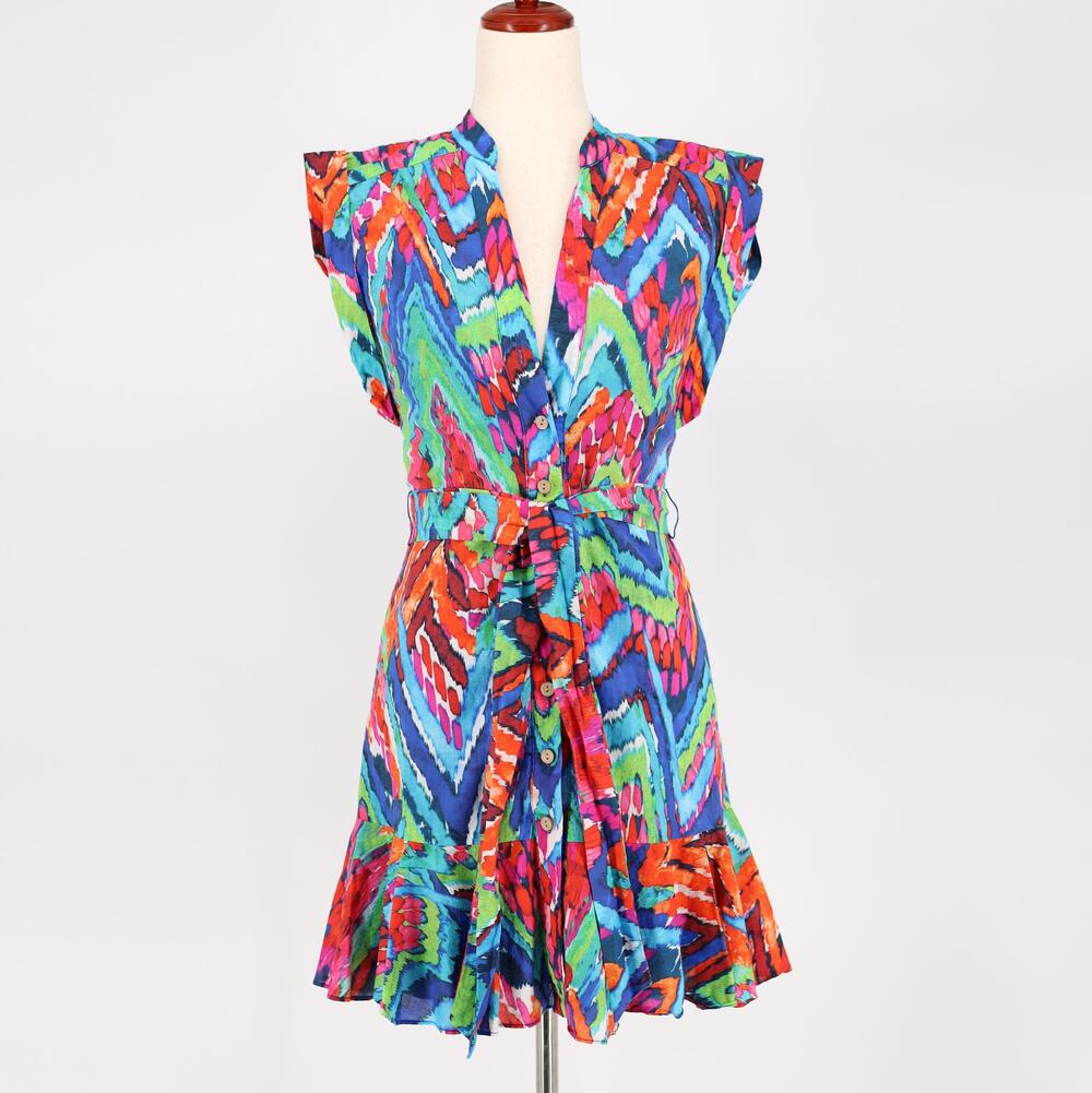 Willa Story Women Multi Watercolor Harper Button Front Mini Ruffle Dress Size XS